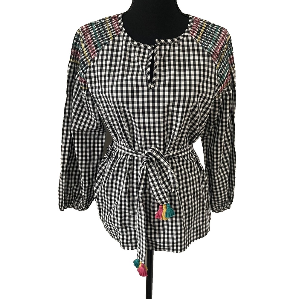 MADEWELL Sz S Smocked Embroidered Gingham Top Black White Checkered Tassel Ties